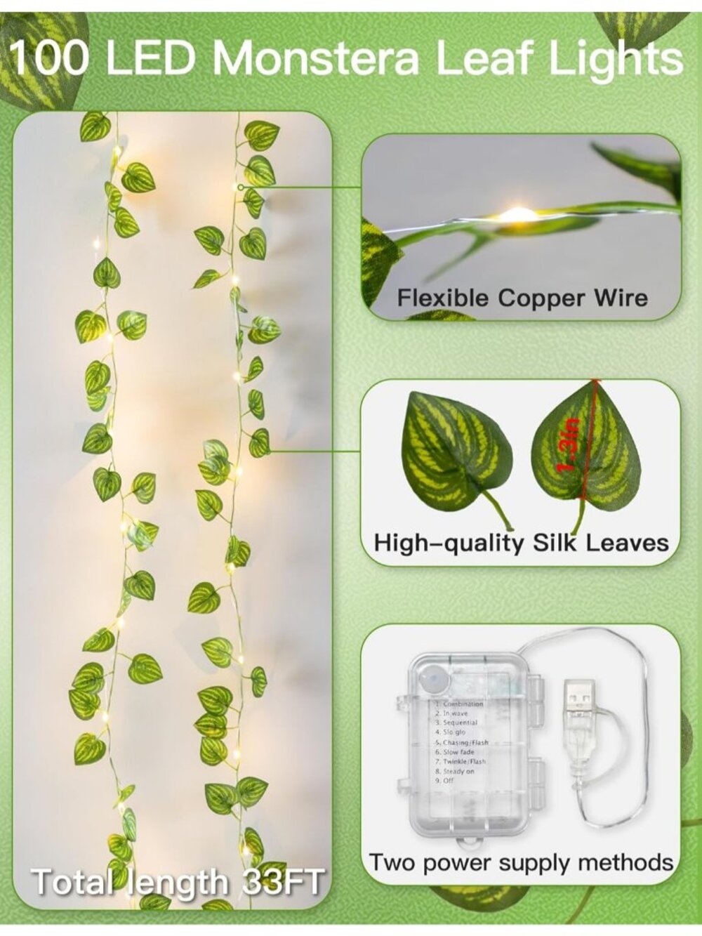 New 33ft 100 LED Watermelon Leaf Fairy Lights with Remote USB Battery Vine Decor - Picture 5 of 7